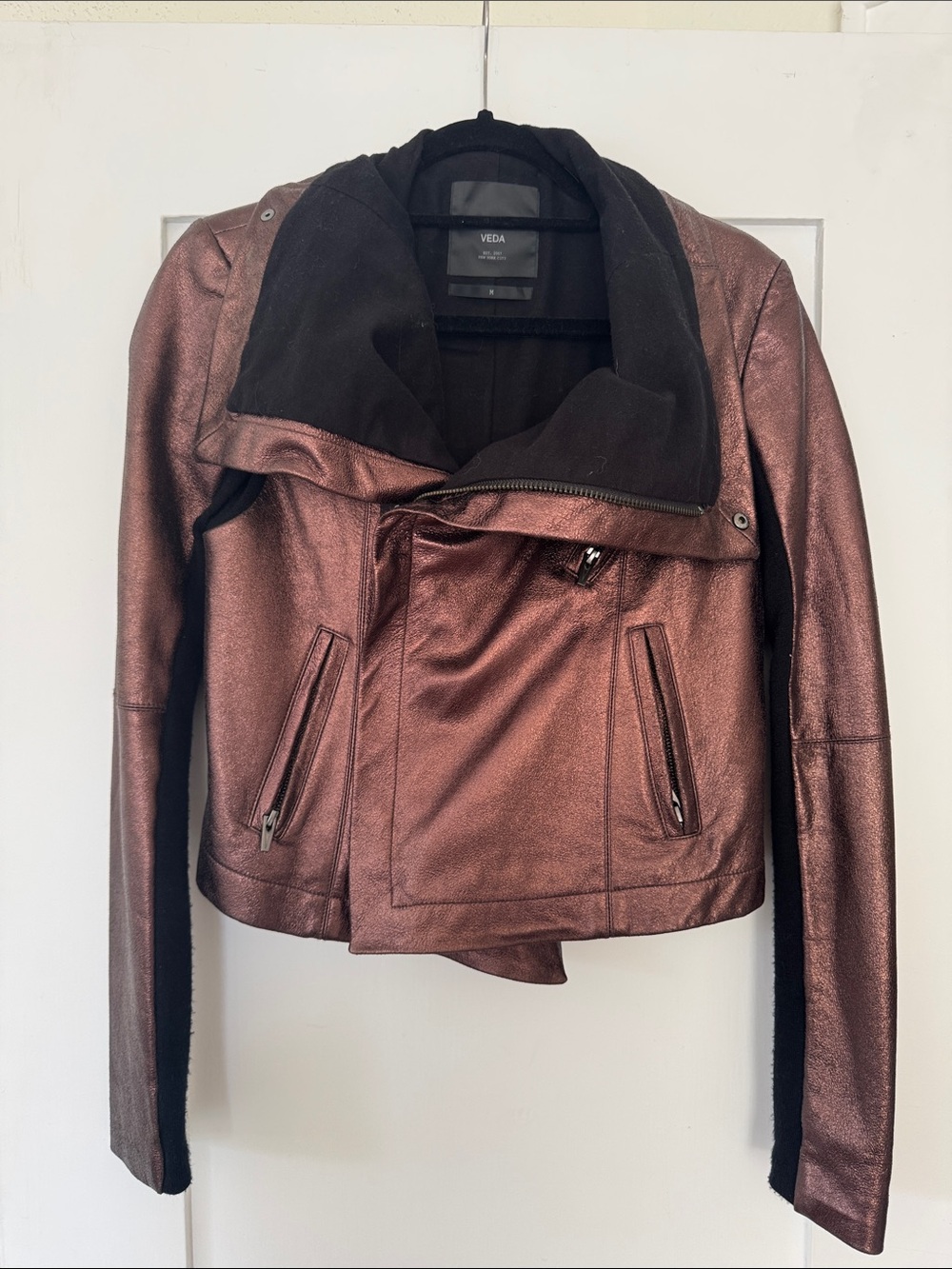 Veda Metallic Rose-Bronze Leather Moto Jacket
